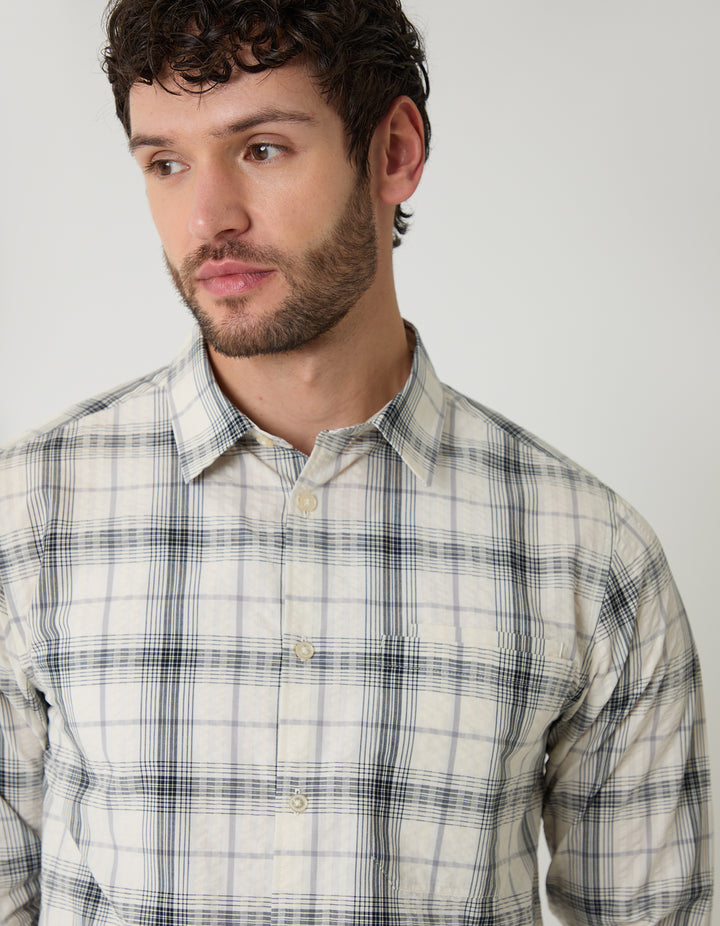 Threadbare Cotton Long Sleeve Shirt in Stone Check - front view close up