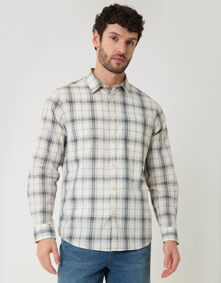 Threadbare Cotton Long Sleeve Shirt in Stone Check - front view, buttoned up