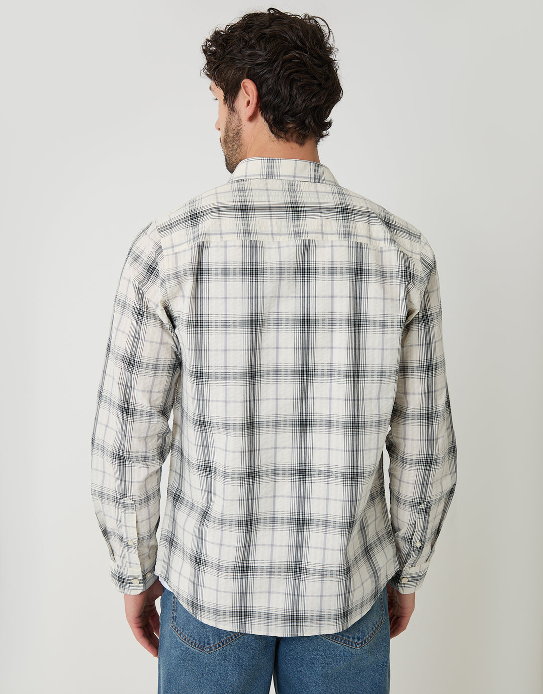 Threadbare Cotton Long Sleeve Shirt in Stone Check - back view