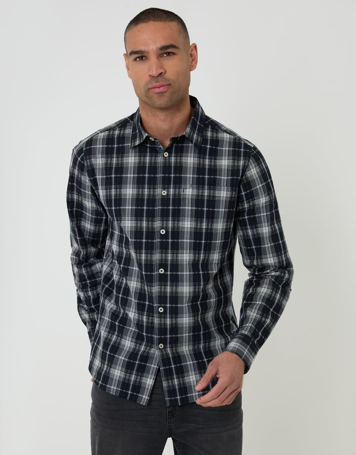 Threadbare Cotton Long Sleeve Shirt in Black Check - front view