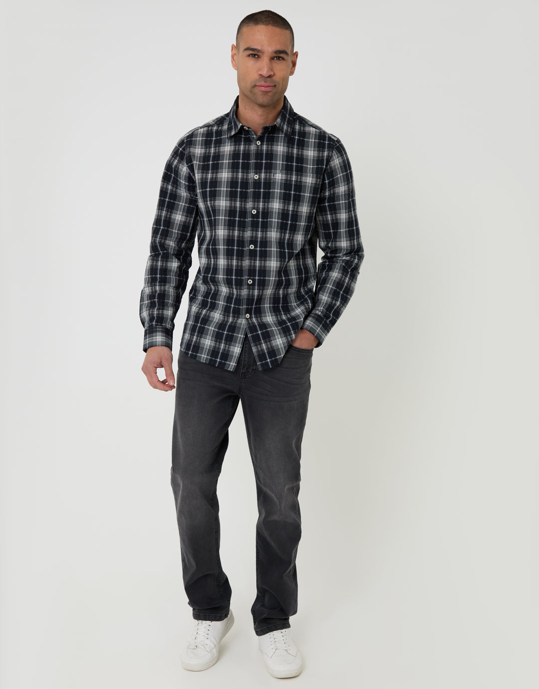 Threadbare Cotton Long Sleeve Shirt in Black Check - full body