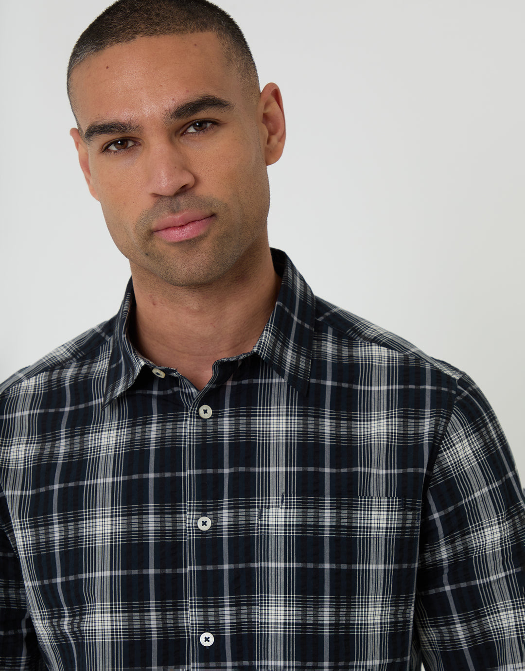 Threadbare Cotton Long Sleeve Shirt in Black Check - collar close up