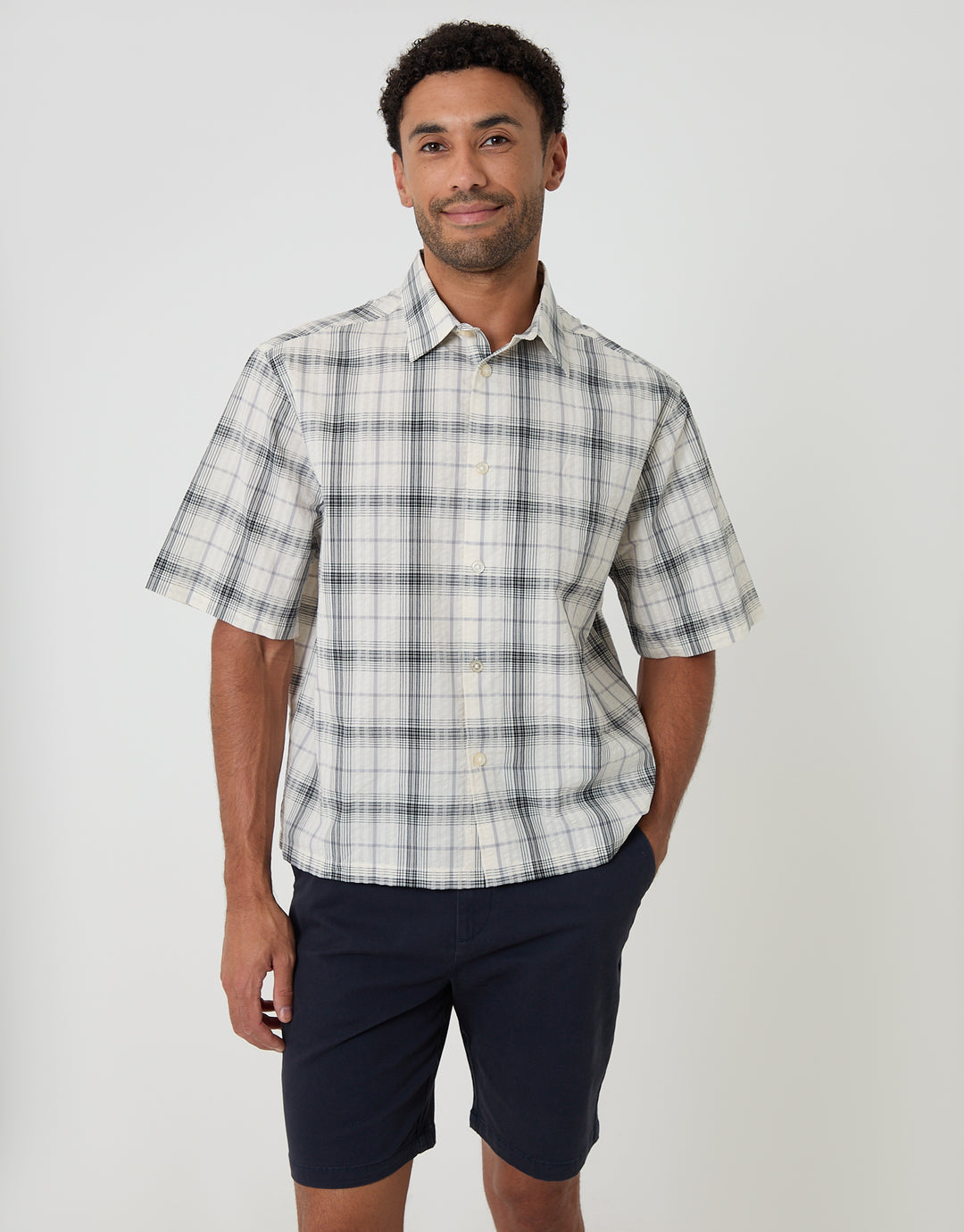 Threadbare Boxy Fit Short Sleeve Shirt in Cream Check - front view