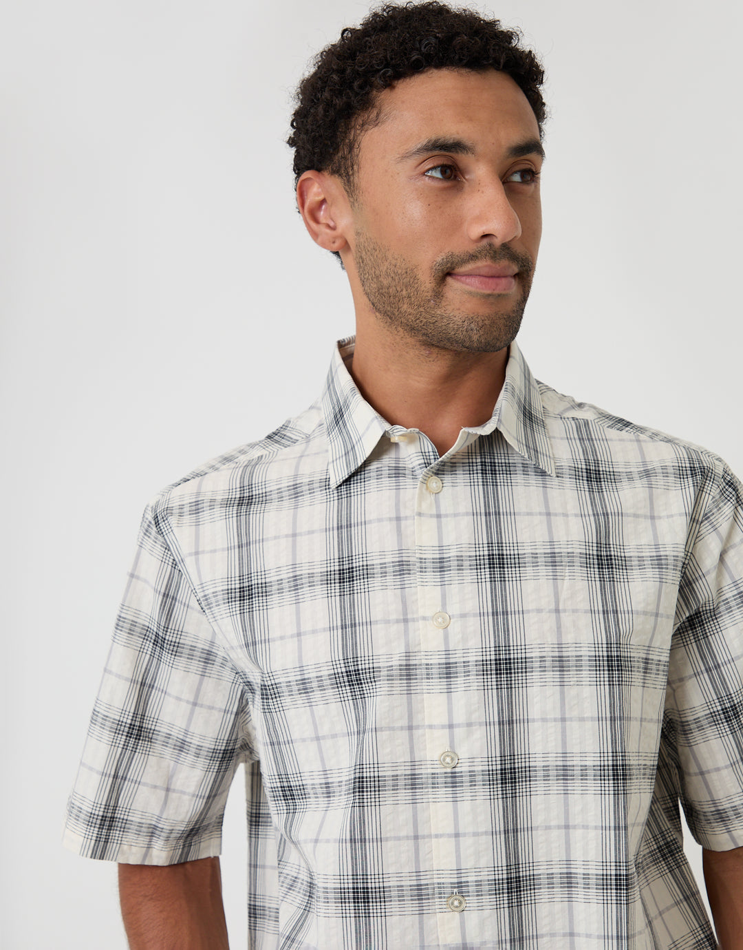 Threadbare Boxy Fit Short Sleeve Shirt in Cream Check - collar close up
