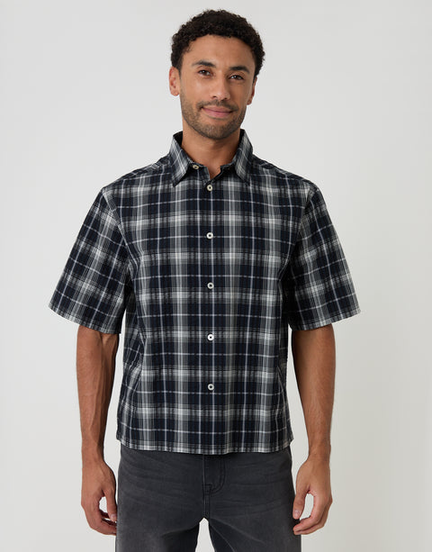 Threadbare Boxy Fit Short Sleeve Shirt in Black Check - front view