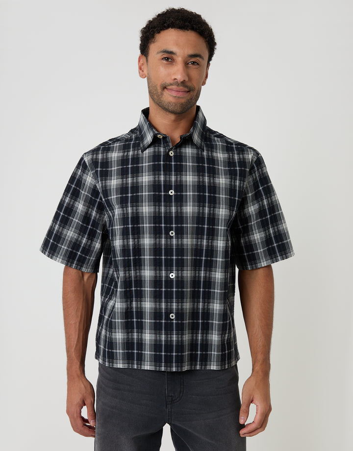 Threadbare Boxy Fit Short Sleeve Shirt in Black Check - front view