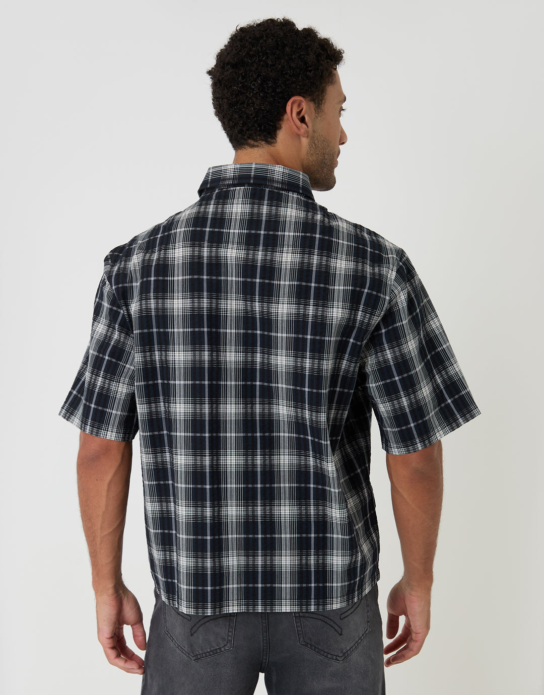 Threadbare Boxy Fit Short Sleeve Shirt in Black Check - back view