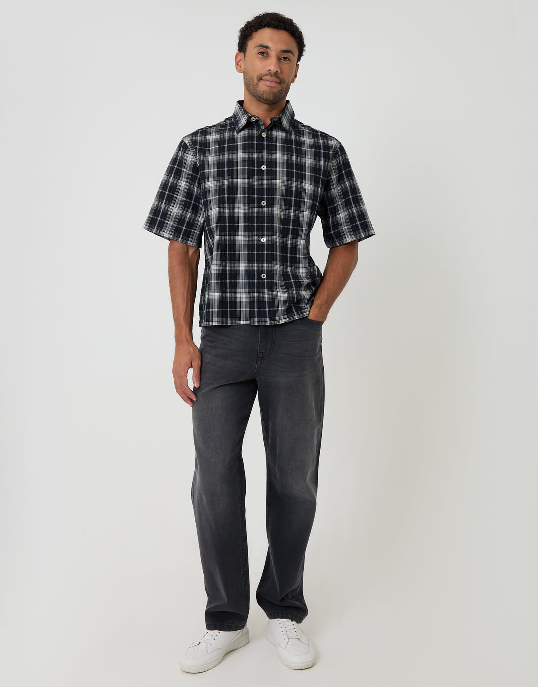 Threadbare Boxy Fit Short Sleeve Shirt in Black Check - full body