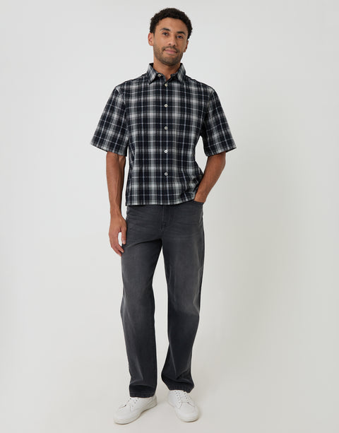Threadbare Boxy Fit Short Sleeve Shirt in Black Check - full body
