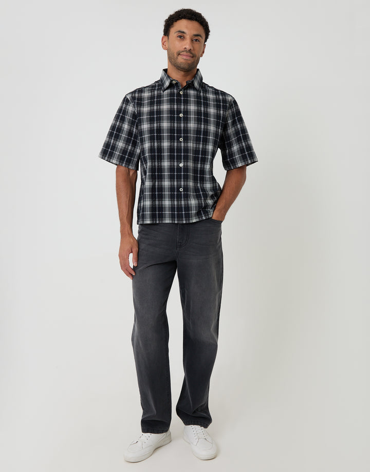 Threadbare Boxy Fit Short Sleeve Shirt in Black Check - full body