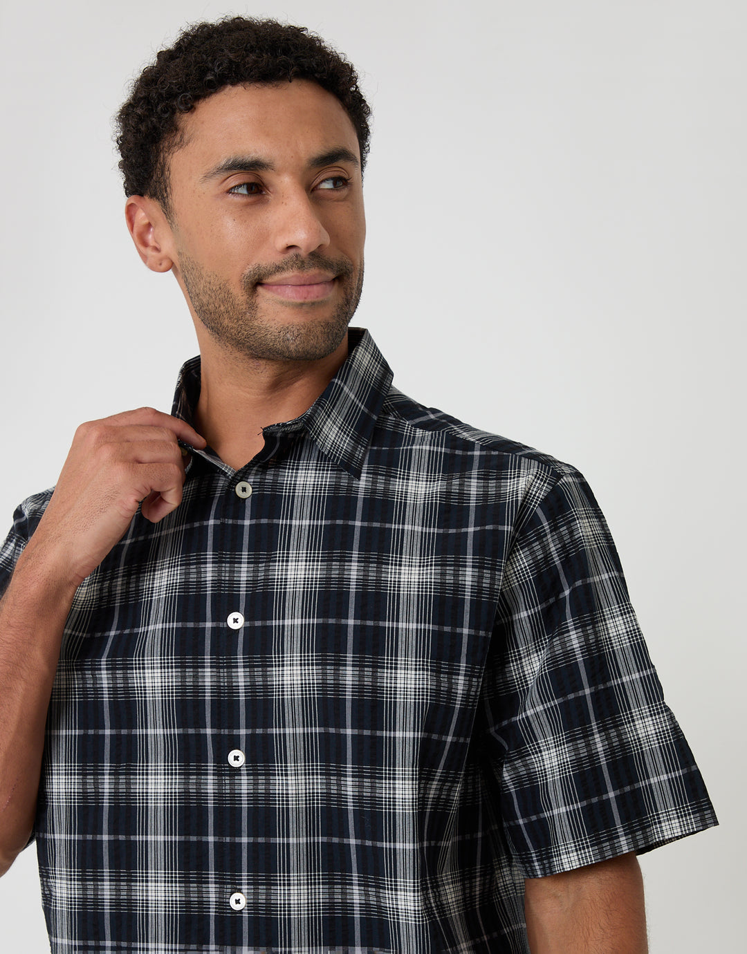 Threadbare Boxy Fit Short Sleeve Shirt in Black Check - collar close up