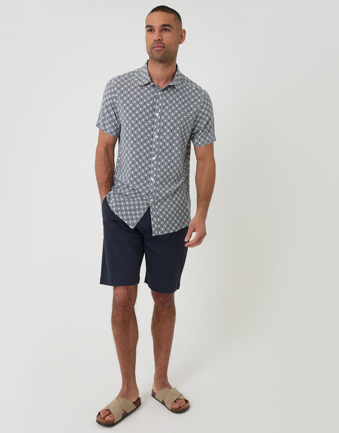 Threadbare Short Sleeve Shirt in Blue Geometric Print - full body