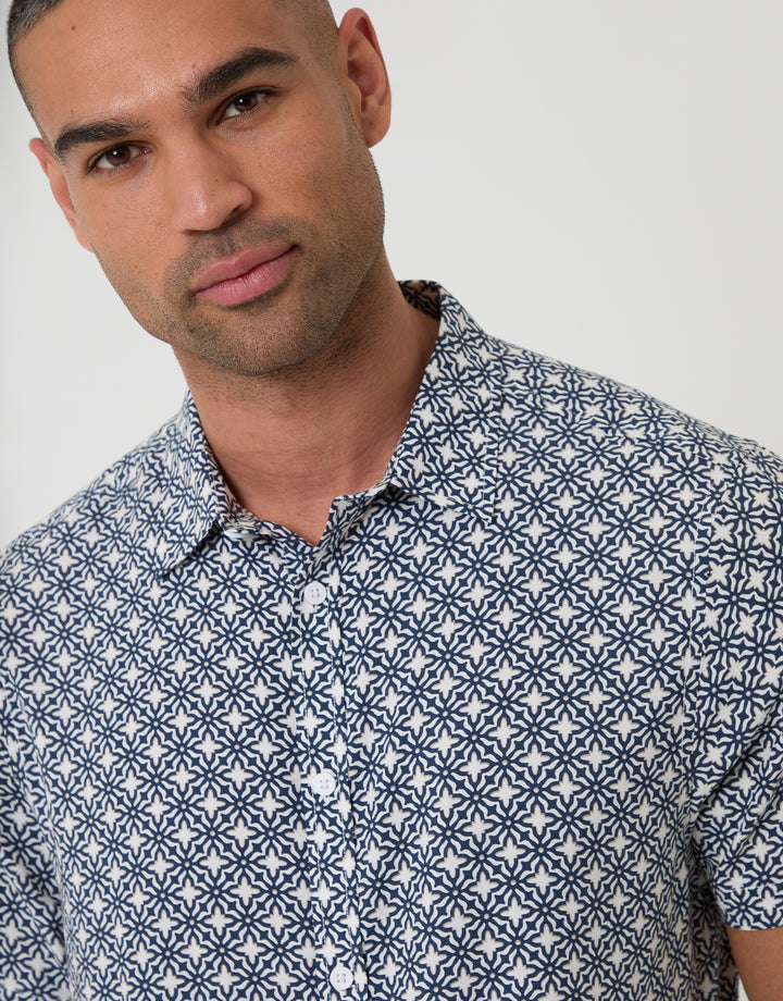 Threadbare Short Sleeve Shirt in Blue Geometric Print - front view close up