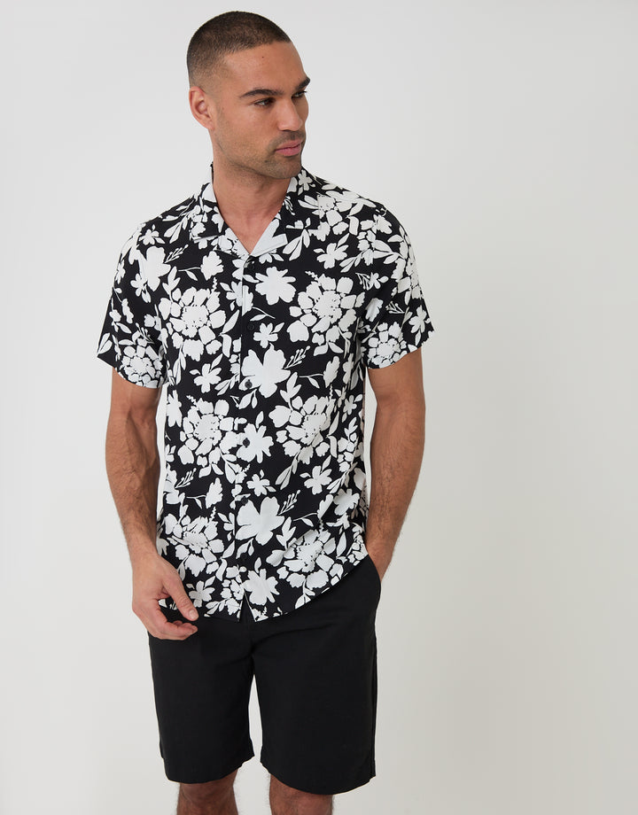 Threadbare Abstract Floral Print Short Sleeve Shirt in Black - front view