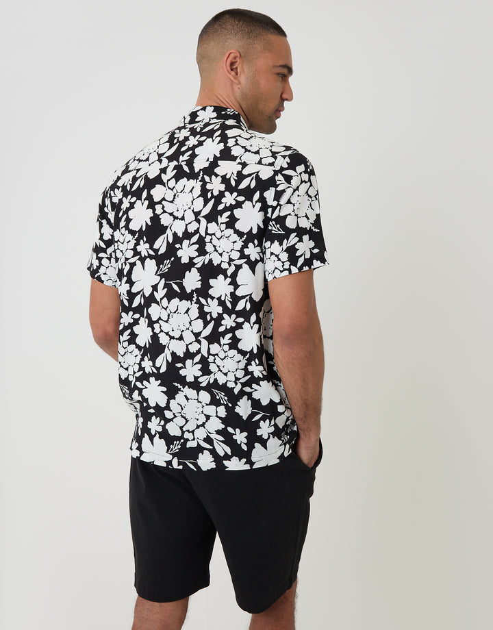 Threadbare Abstract Floral Print Short Sleeve Shirt in Black - back view