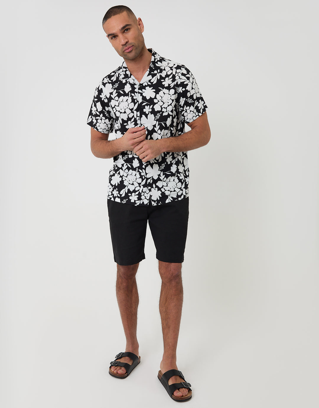 Threadbare Abstract Floral Print Short Sleeve Shirt in Black - full body
