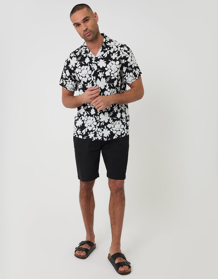 Threadbare Abstract Floral Print Short Sleeve Shirt in Black - full body