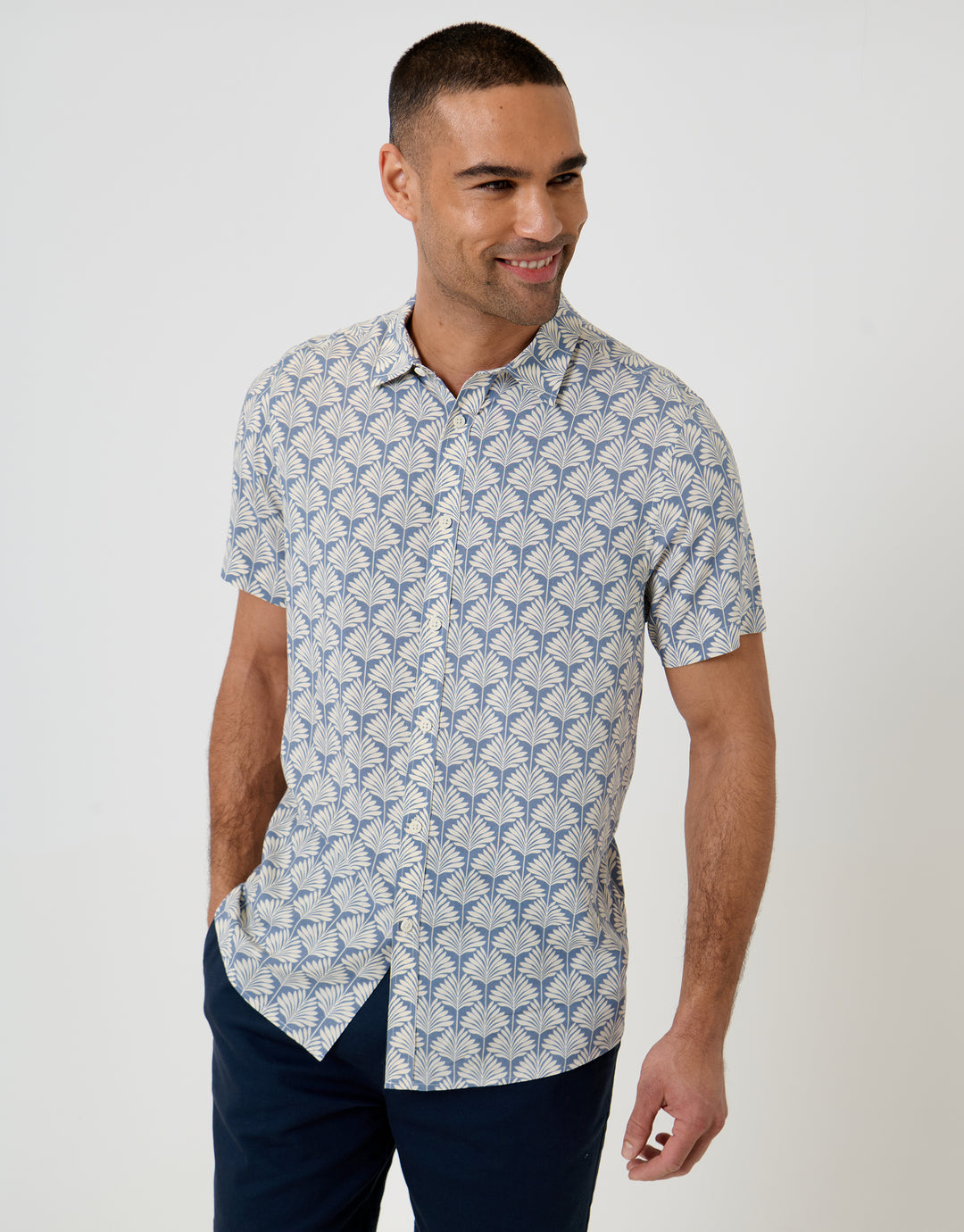Threadbare Linear Leaf Print Short Sleeve Shirt in Denim Blue - front view