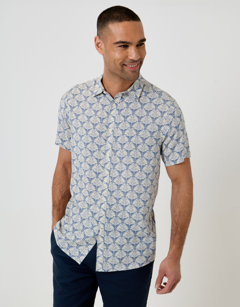Threadbare Linear Leaf Print Short Sleeve Shirt in Denim Blue - front view