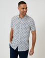 Threadbare Linear Leaf Print Short Sleeve Shirt in Denim Blue - front view