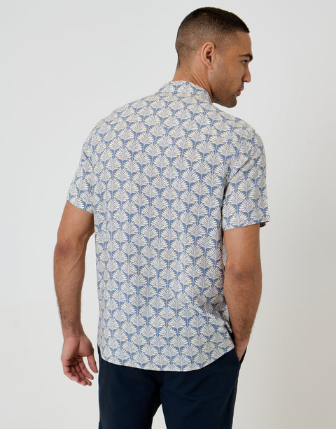 Threadbare Linear Leaf Print Short Sleeve Shirt in Denim Blue - back view