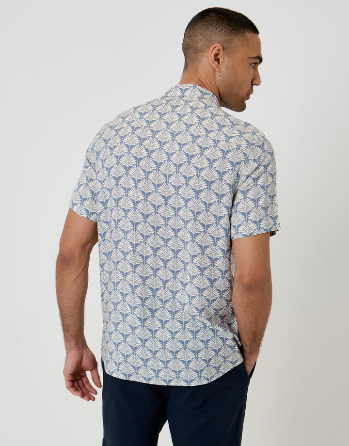 Threadbare Linear Leaf Print Short Sleeve Shirt in Denim Blue - back view