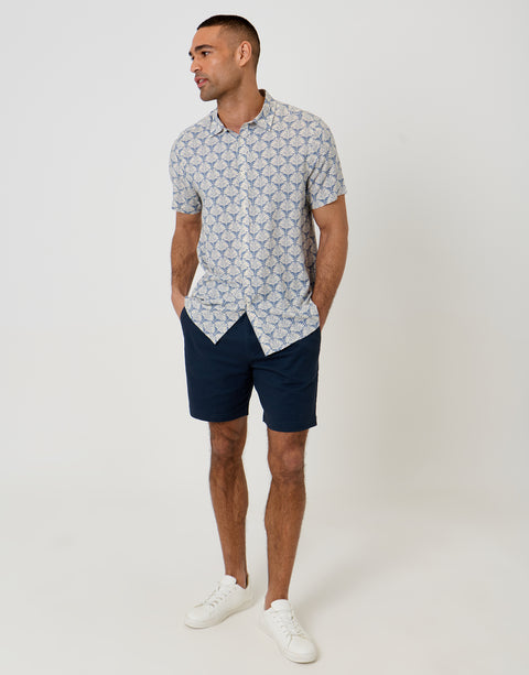 Threadbare Linear Leaf Print Short Sleeve Shirt in Denim Blue - full body