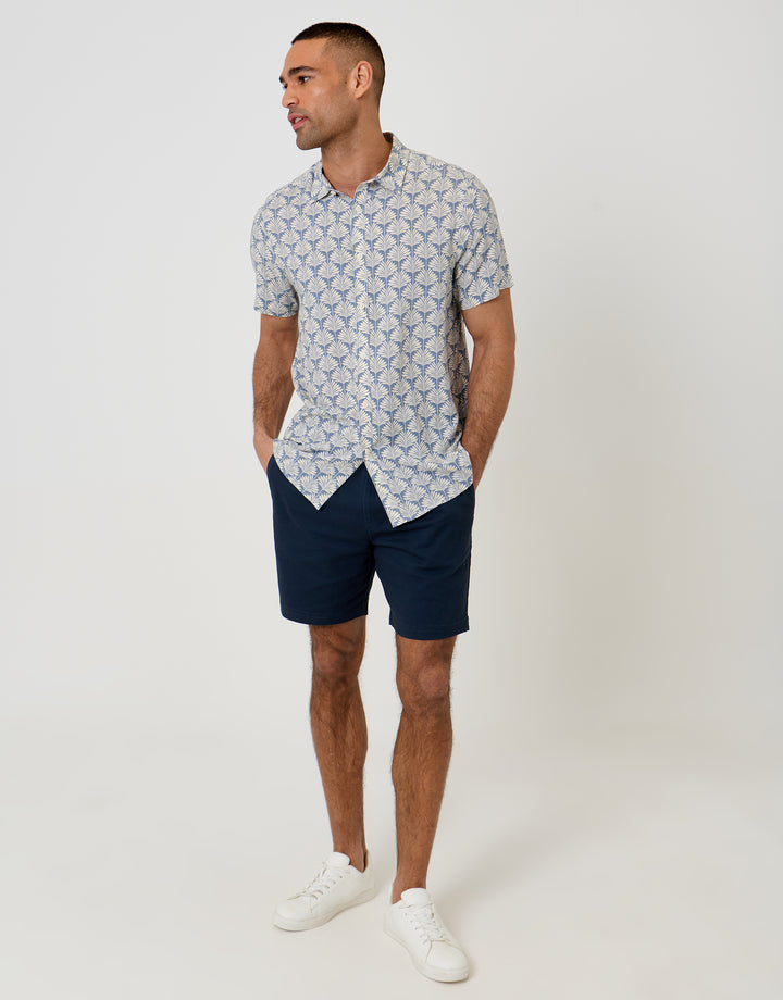 Threadbare Linear Leaf Print Short Sleeve Shirt in Denim Blue - full body