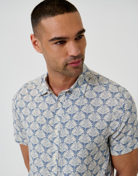 Threadbare Linear Leaf Print Short Sleeve Shirt in Denim Blue - front view close up