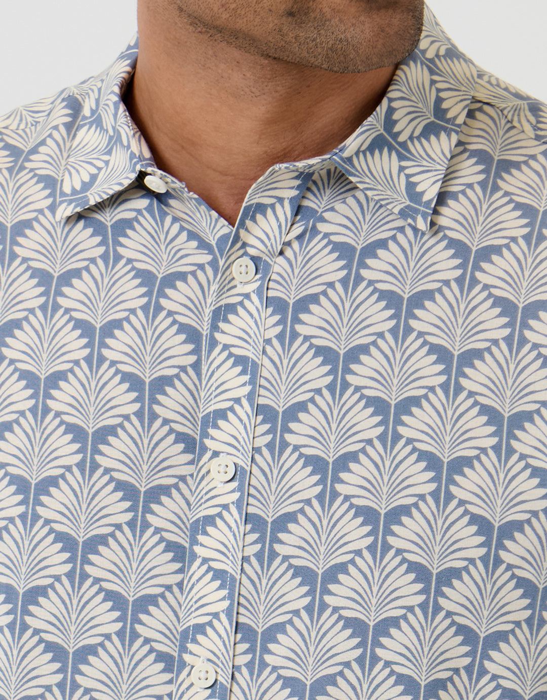 Threadbare Linear Leaf Print Short Sleeve Shirt in Denim Blue - collar close up