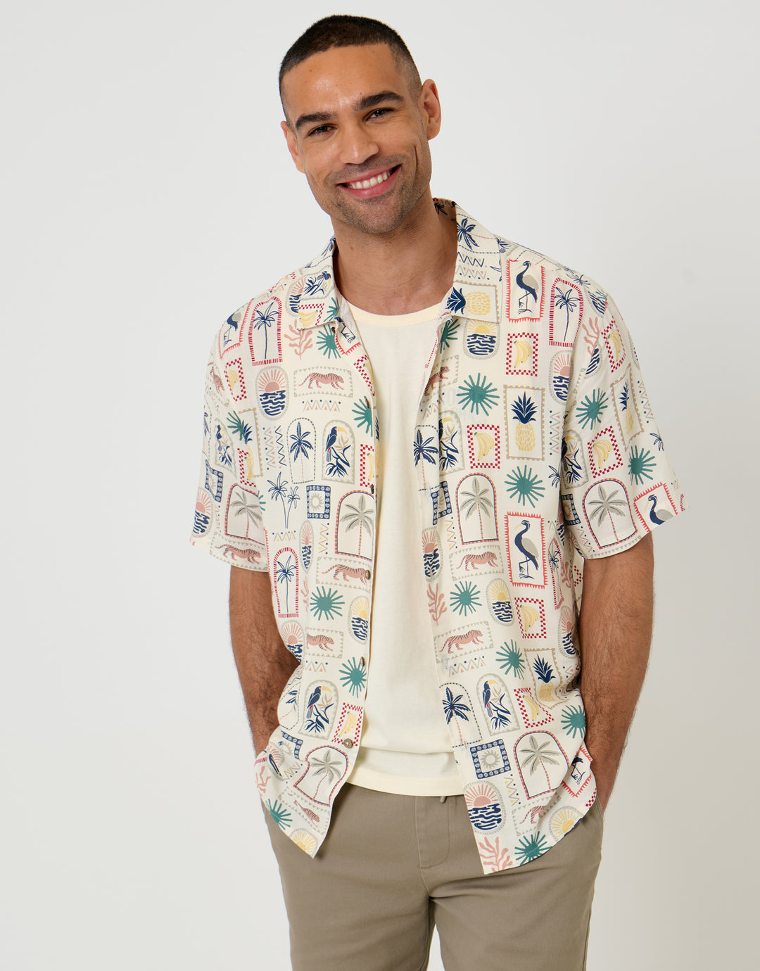 Threadbare Tropical Stamp Print Relaxed Fit Short Sleeve Shirt in Stone - front view