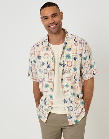 Threadbare Tropical Stamp Print Relaxed Fit Short Sleeve Shirt in Stone - front view