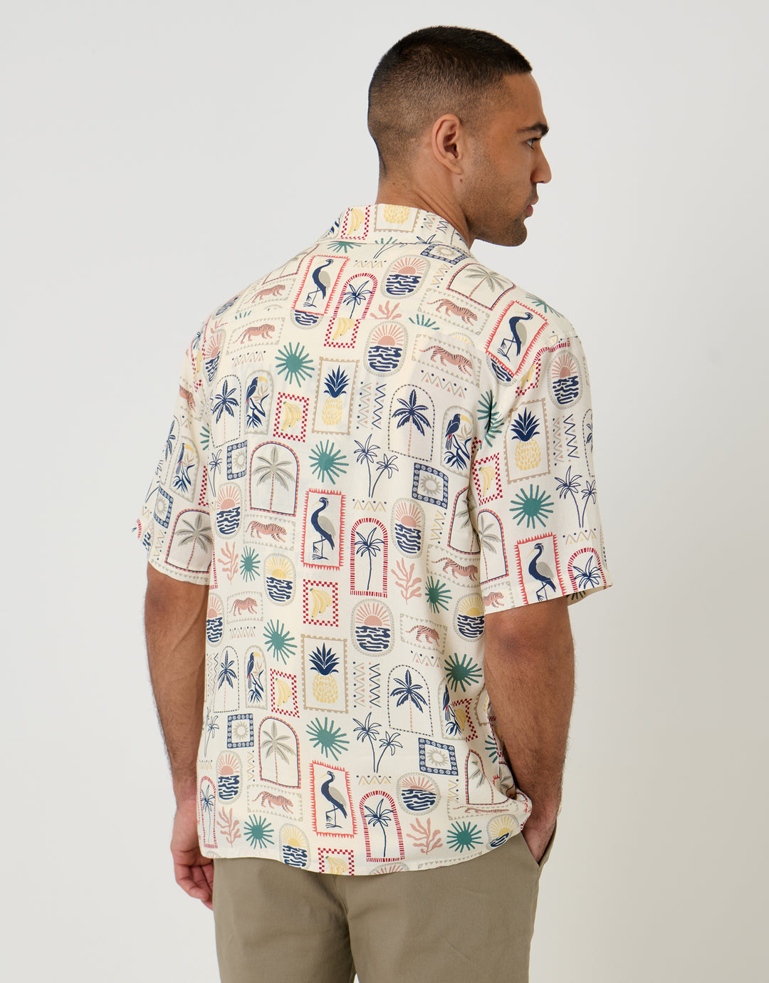 Threadbare Tropical Stamp Print Relaxed Fit Short Sleeve Shirt in Stone - back view