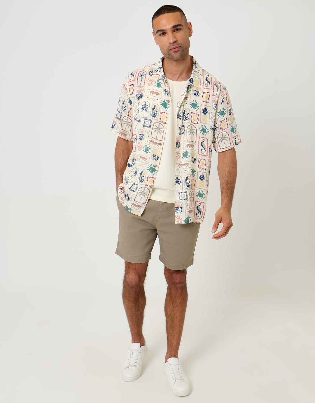 Threadbare Tropical Stamp Print Relaxed Fit Short Sleeve Shirt in Stone - full body