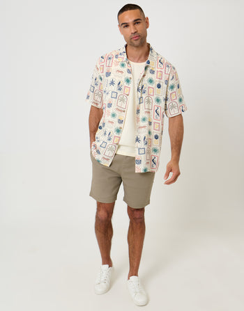 Threadbare Tropical Stamp Print Relaxed Fit Short Sleeve Shirt in Stone - full body