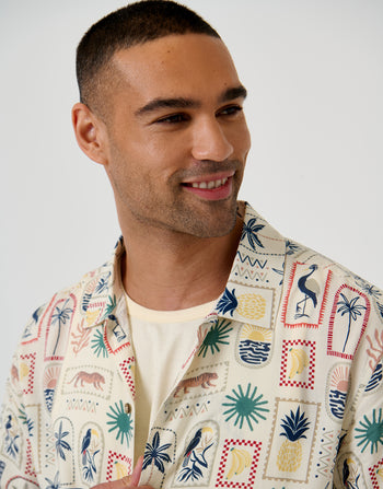 Threadbare Tropical Stamp Print Relaxed Fit Short Sleeve Shirt in Stone - collar close up