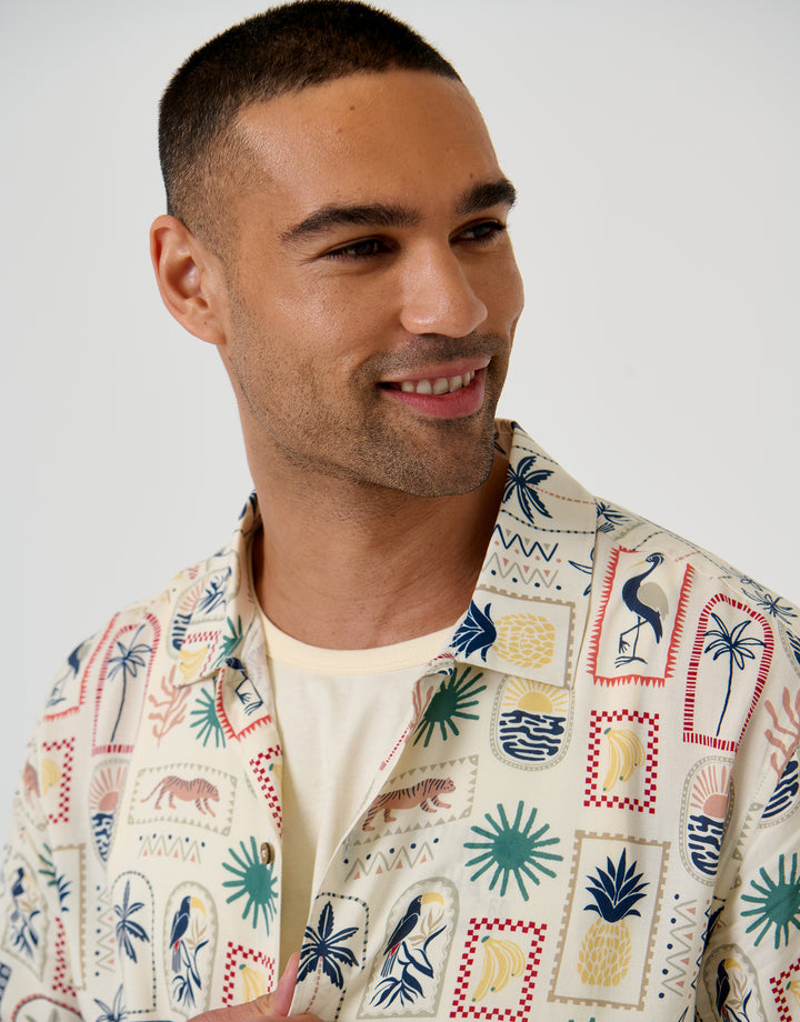 Threadbare Tropical Stamp Print Relaxed Fit Short Sleeve Shirt in Stone - collar close up