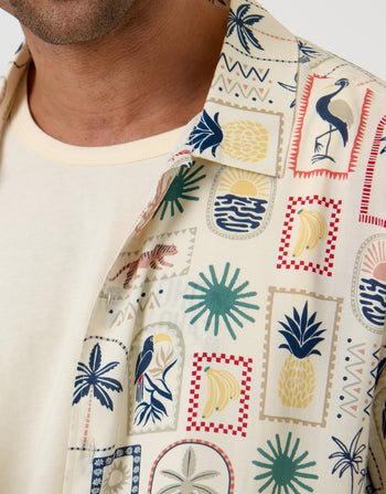 Threadbare Tropical Stamp Print Relaxed Fit Short Sleeve Shirt in Stone - collar close up