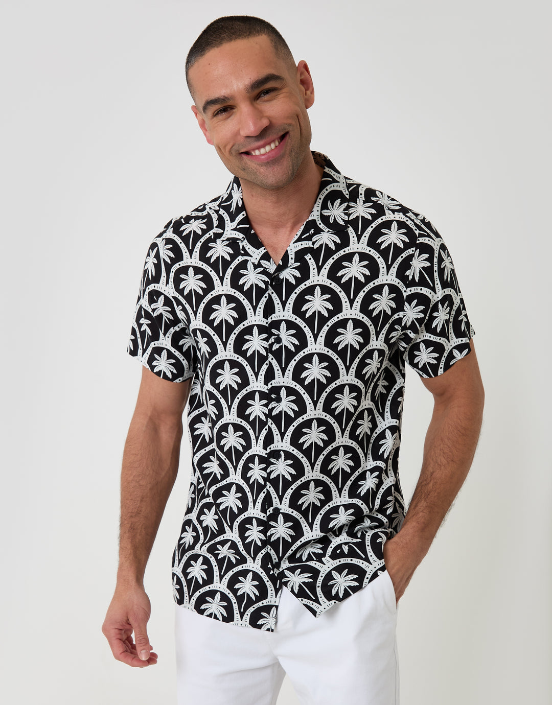 Threadbare Short Sleeve Shirt in Black Palm Tree Print - front view
