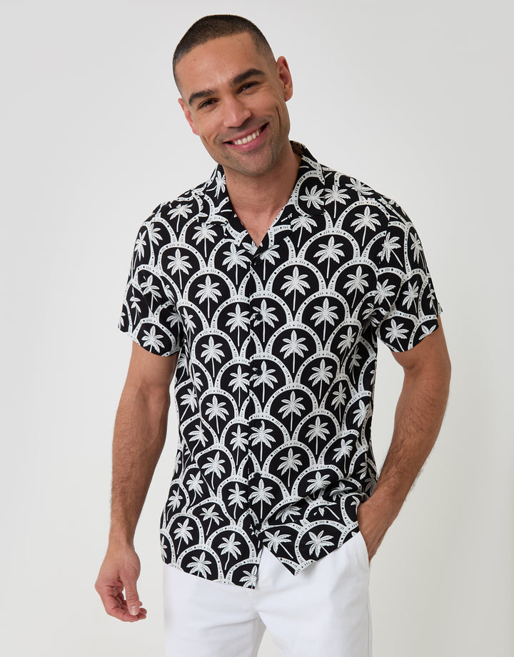 Threadbare Short Sleeve Shirt in Black Palm Tree Print - front view