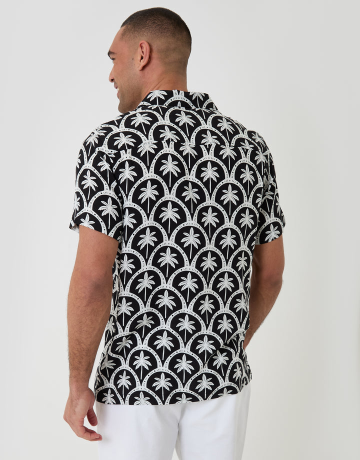 Threadbare Short Sleeve Shirt in Black Palm Tree Print - back view