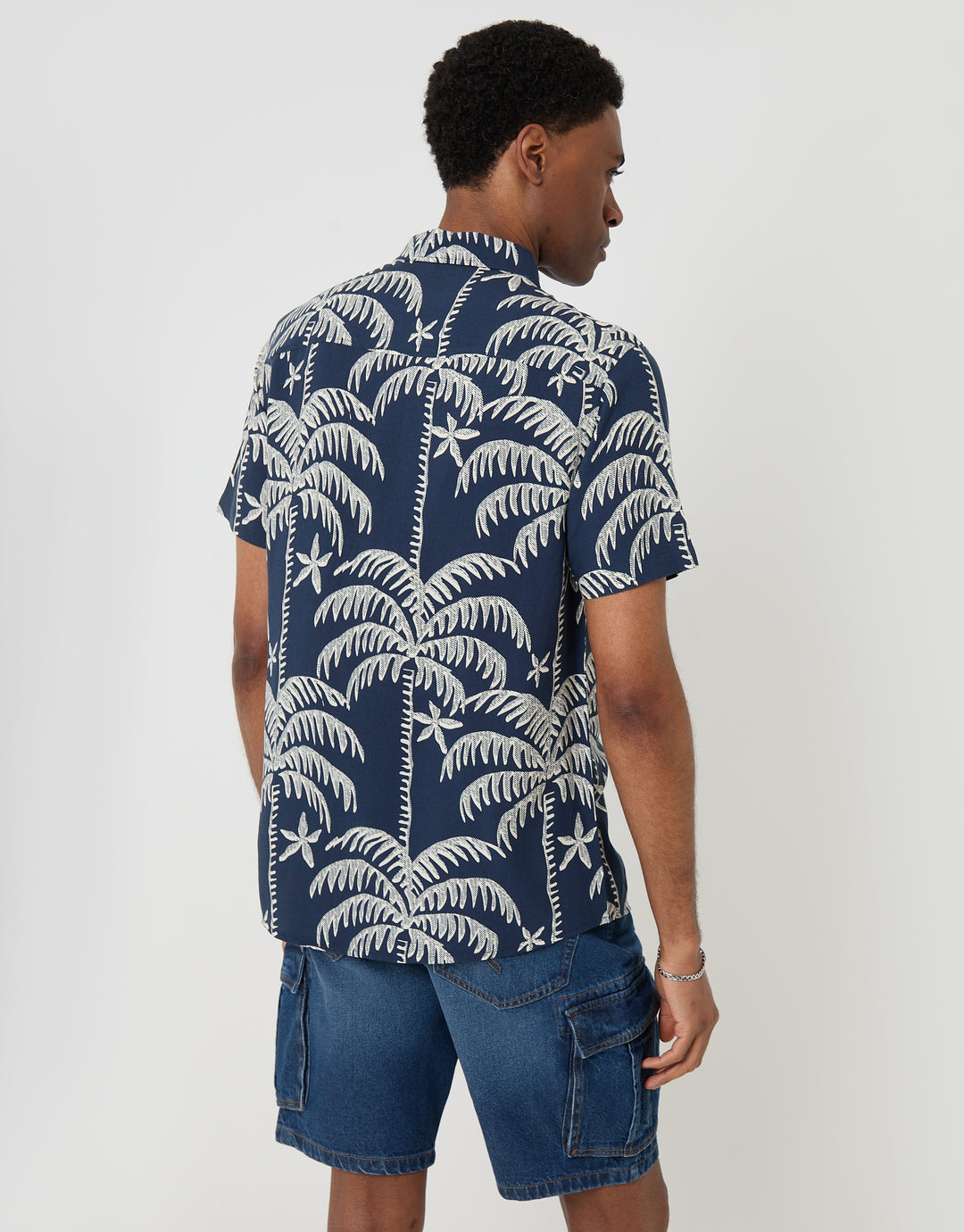 Threadbare Oversized Palm Tree Print Short Sleeve Shirt in Navy - back view