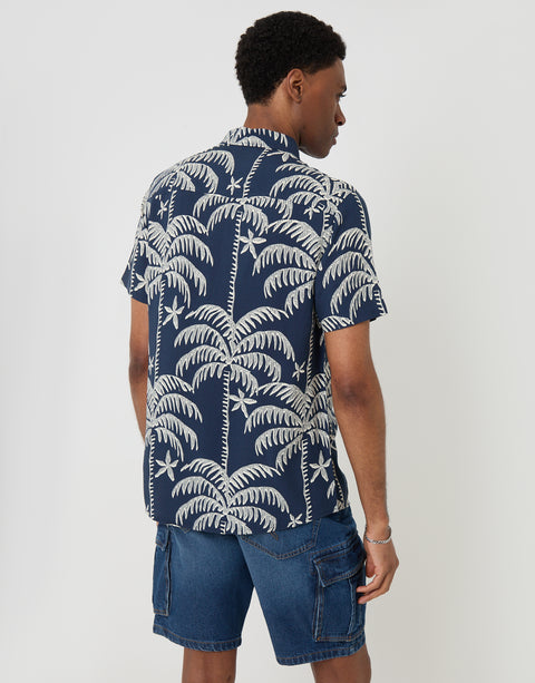 Threadbare Oversized Palm Tree Print Short Sleeve Shirt in Navy - back view