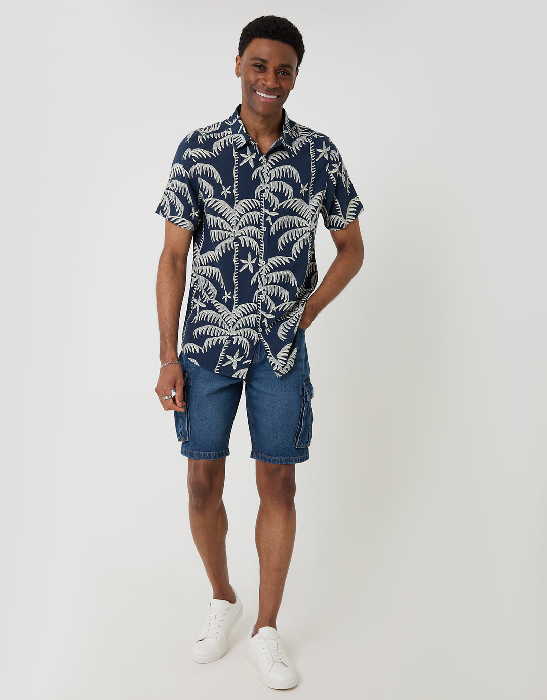 Threadbare Oversized Palm Tree Print Short Sleeve Shirt in Navy - full body