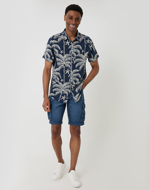 Threadbare Oversized Palm Tree Print Short Sleeve Shirt in Navy - full body
