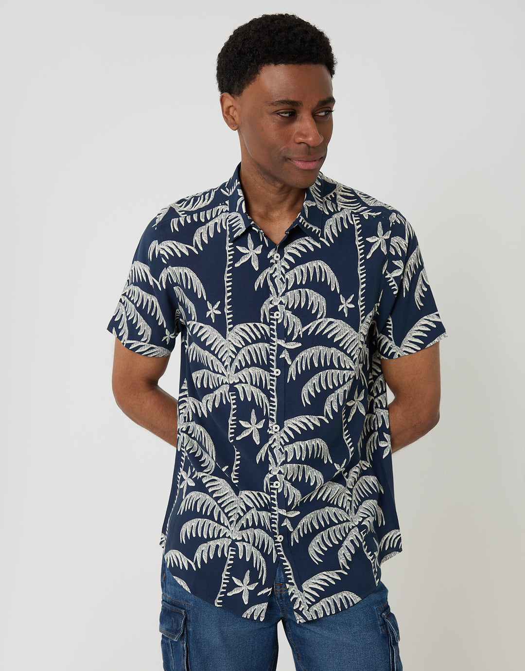 Threadbare Oversized Palm Tree Print Short Sleeve Shirt in Navy - front view