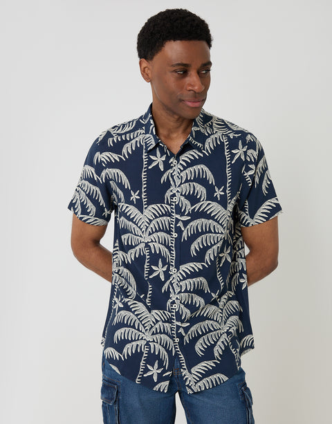 Threadbare Oversized Palm Tree Print Short Sleeve Shirt in Navy - front view