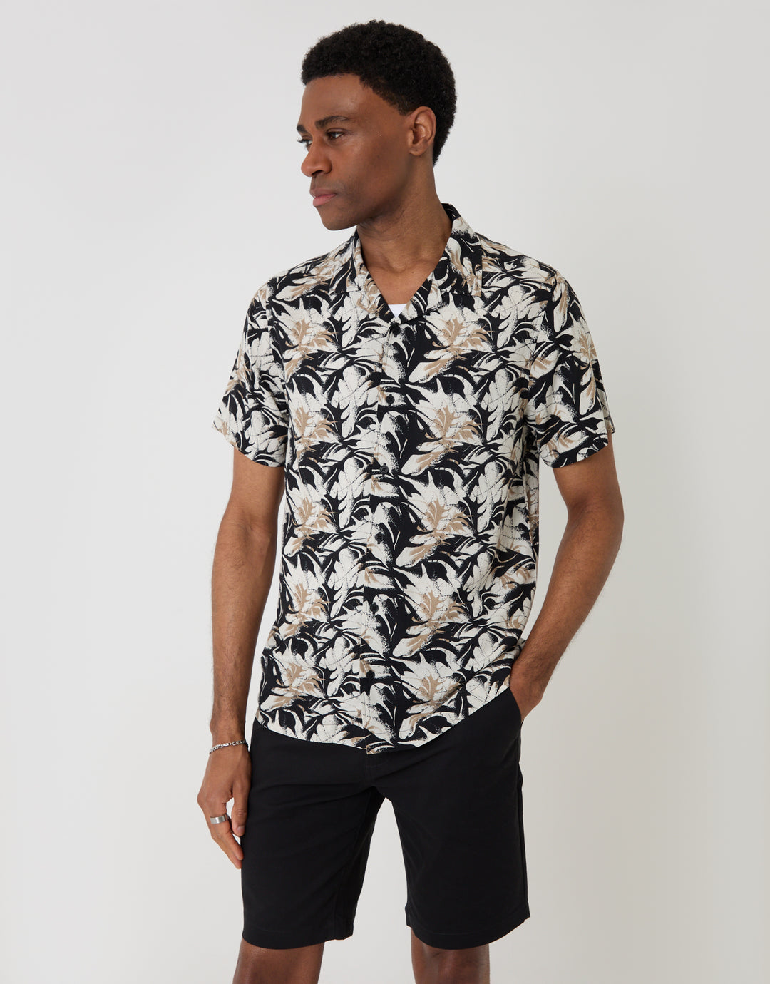 Threadbare Abstract Print Relaxed Fit Short Sleeve Shirt in Black - front view