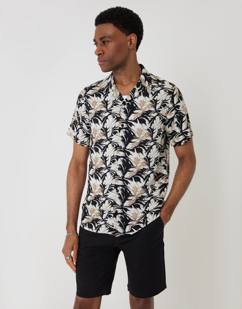 Threadbare Abstract Print Relaxed Fit Short Sleeve Shirt in Black - front view
