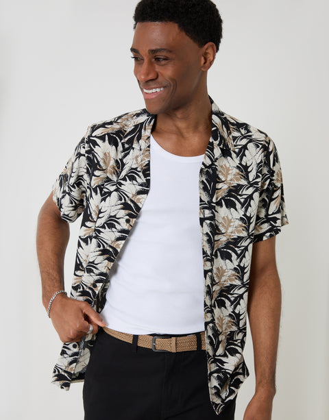 Threadbare Abstract Print Relaxed Fit Short Sleeve Shirt in Black - worn open